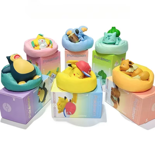 "6 Styles of Dreamy Pokémon Figures: Adorable Sleeping Pikachu, Eevee, Bulbasaur & More – Perfect for Collectors & Fans!"