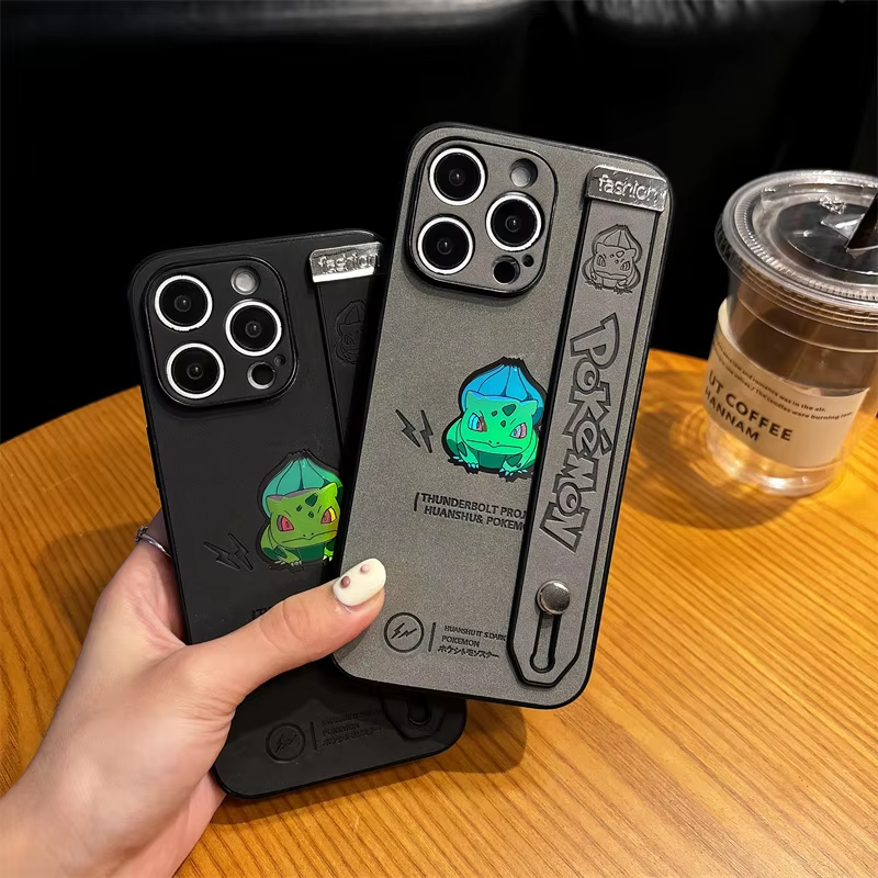 3D Bulbasaur Pokémon Soft Leather iPhone Case with Suede Wrist Strap – Cute & Anti-Fur for iPhone 11-16 Pro Max