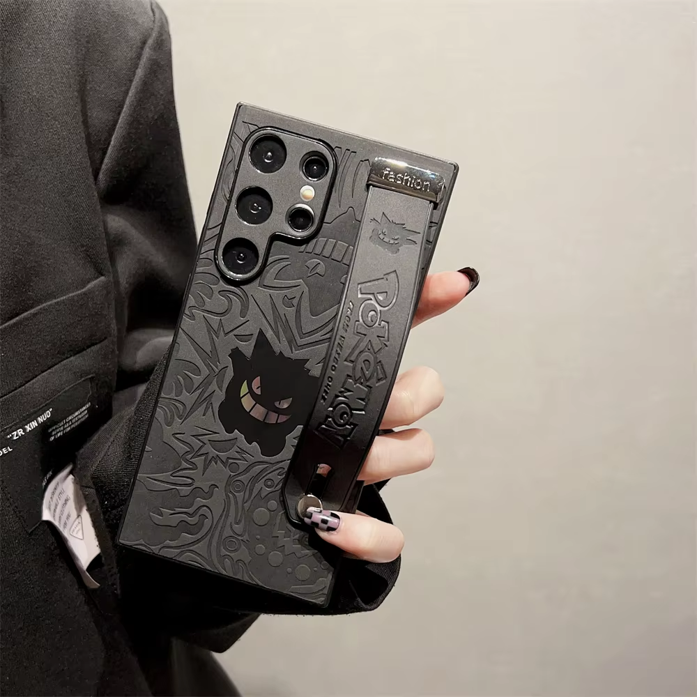 3D Anime Gengar Phone Case – Cute Suede Leather Cover with Wrist Strap & Bracket for Samsung Galaxy S24/S23/S22 Ultra