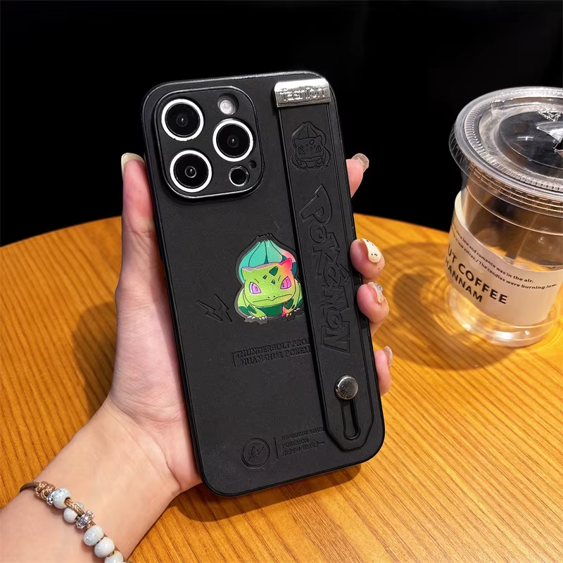 3D Bulbasaur Pokémon Soft Leather iPhone Case with Suede Wrist Strap – Cute & Anti-Fur for iPhone 11-16 Pro Max