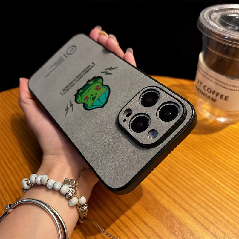 3D Bulbasaur Pokémon Soft Leather iPhone Case with Suede Wrist Strap – Cute & Anti-Fur for iPhone 11-16 Pro Max